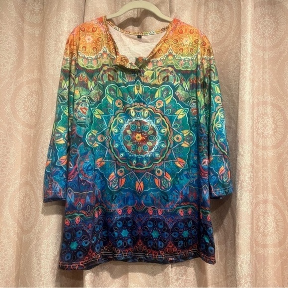 Tops - Mandala Pattern‎ All Over Print Quarter Sleeve Shirt Half Cork Button Up Size L